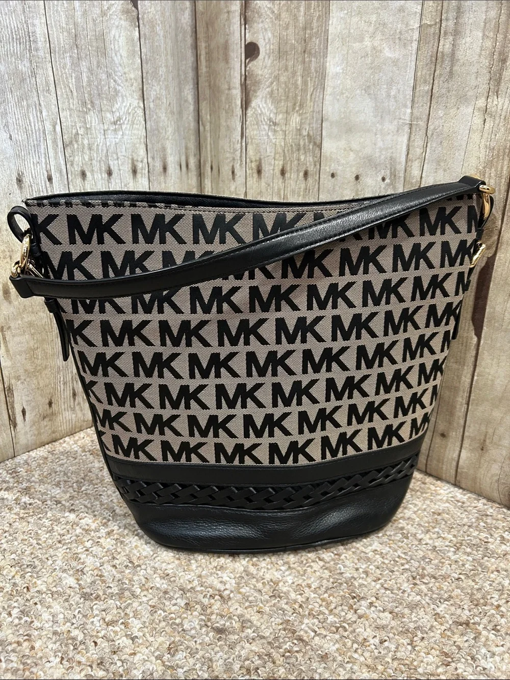 Michael Kors Black & Beige MK Logo Bucket Shoulder Bag Gold Hardware
